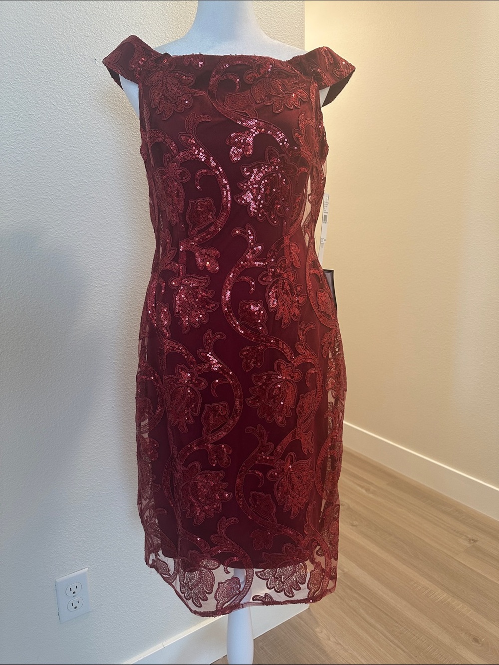 Macy's Burgundy Sequin Lace Midi Dress